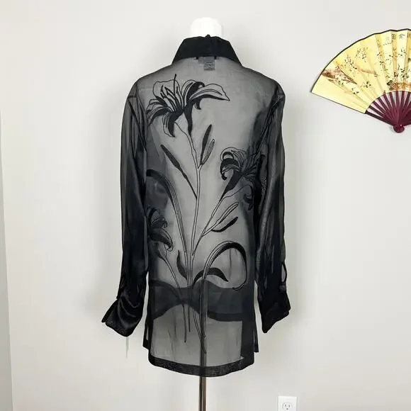 90s vintage black silk minimalist sheer organza emboidered tunic shirt blouse - Picture 4 of 10